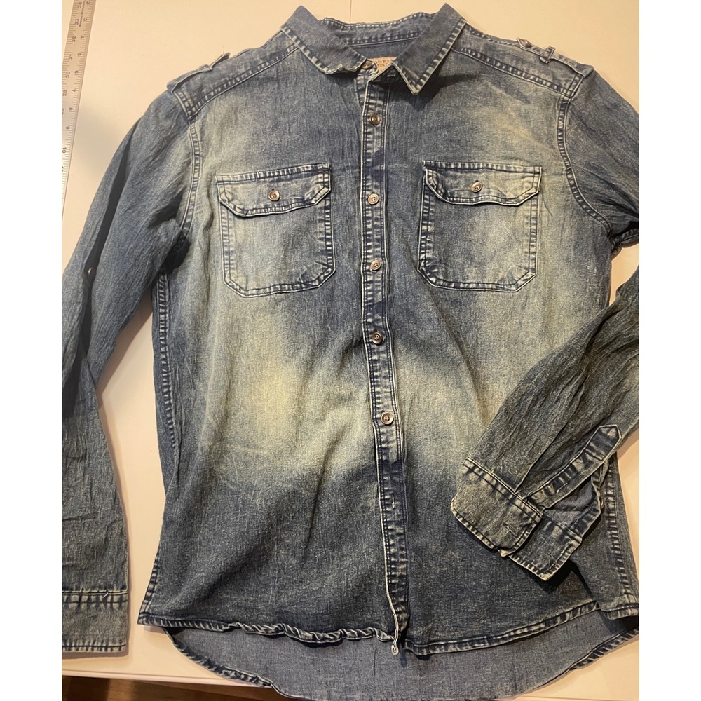 Brooklyn Laundry Mens XL Denim Button Down Shirt Blue Acid Wash Epaulets Pocket